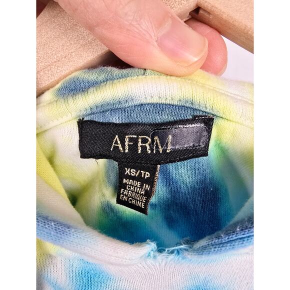 AFRM Cropped Hoodie XS Tie Dye Blue Yellow Cotton Blend Sweatshirt - Picture 3 of 3